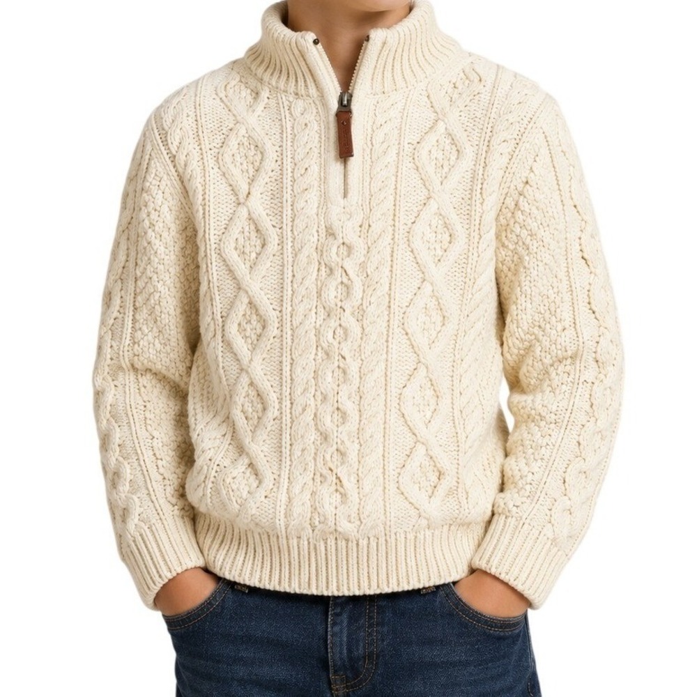 Aran Crafts Cream 100% Merino Wool Cable Knit Quarter Zip Sweater Kid's 6-7 Yrs